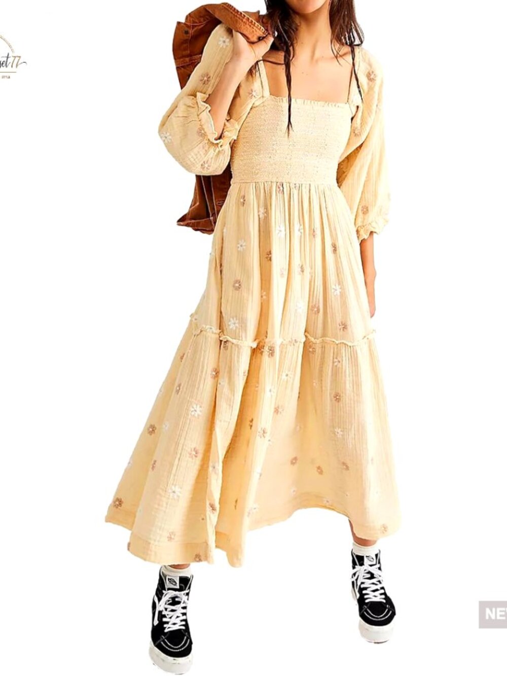 Floral Embroidered Maxi Dress with Puff Sleeves and Pockets